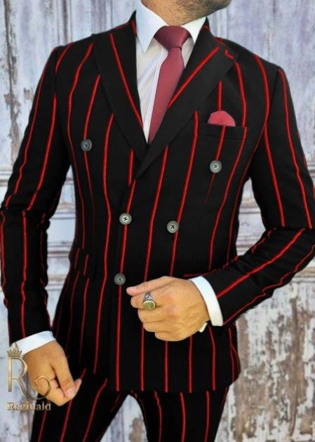 Elegancki Garnitur z Lat 20. - Gangsterski Styl! Czerwono-czarna pinstripe, podwójny guzik, klasa sama w sobie.